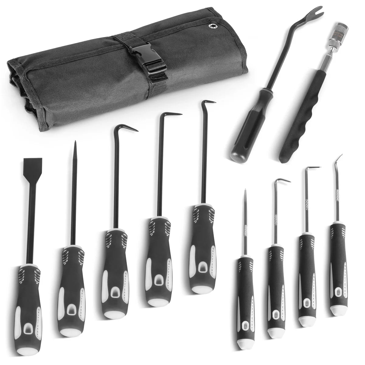 STAHLWERK Haken-Werkzeug-Set 12-teilig | Haken-Satz | Nadelhaken | Dichtungshaken | Kfz-Pick-Set | Präzisionshaken | Magnetisches Teleskop | O-Ring-Werkzeug zum Entfernen und Einsetzen von Dichtungen
