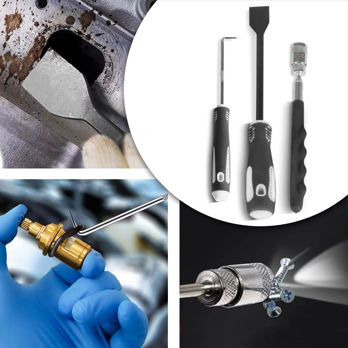 STAHLWERK Haken-Werkzeug-Set 12-teilig | Haken-Satz | Nadelhaken | Dichtungshaken | Kfz-Pick-Set | Präzisionshaken | Magnetisches Teleskop | O-Ring-Werkzeug zum Entfernen und Einsetzen von Dichtungen