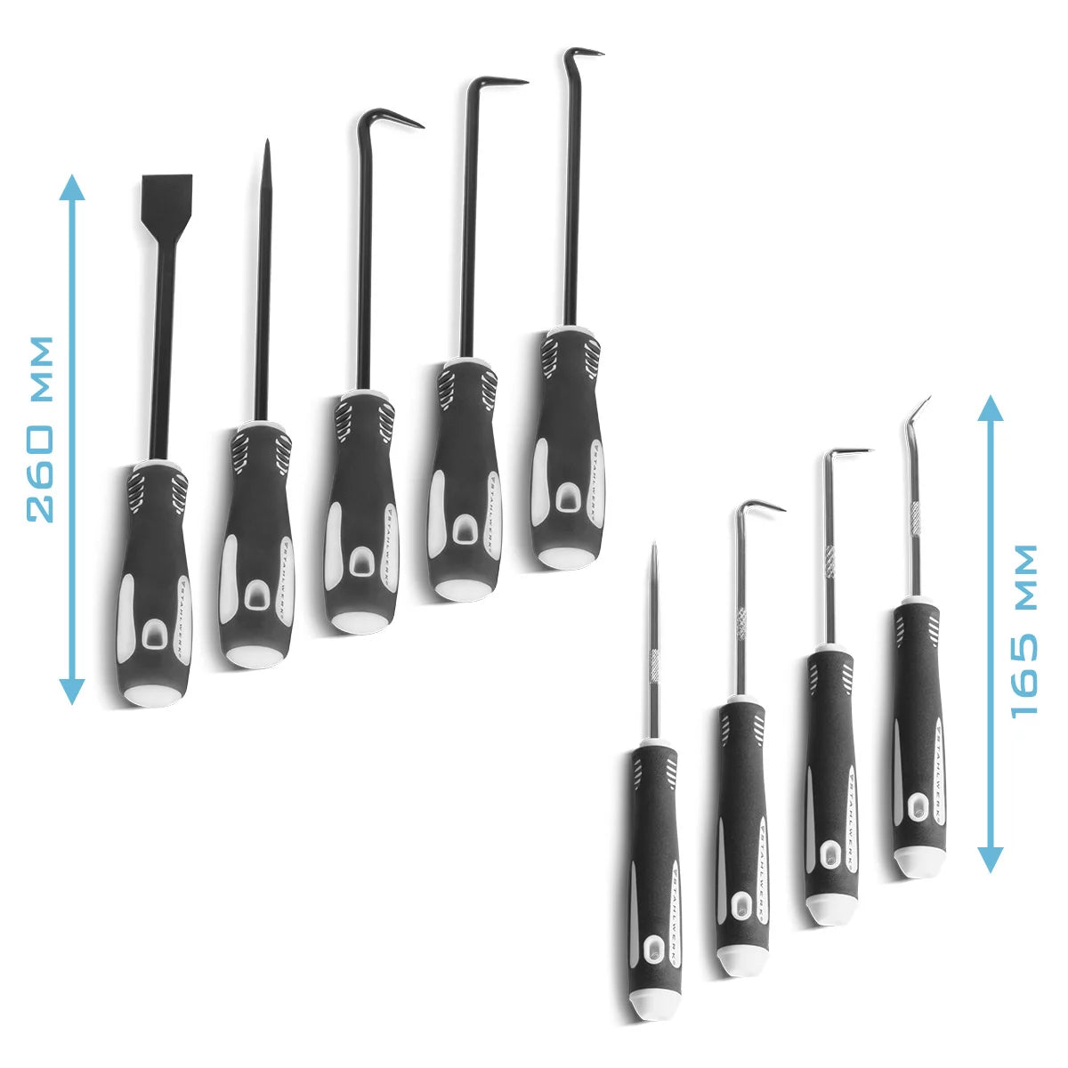 STAHLWERK Haken-Werkzeug-Set 12-teilig | Haken-Satz | Nadelhaken | Dichtungshaken | Kfz-Pick-Set | Präzisionshaken | Magnetisches Teleskop | O-Ring-Werkzeug zum Entfernen und Einsetzen von Dichtungen