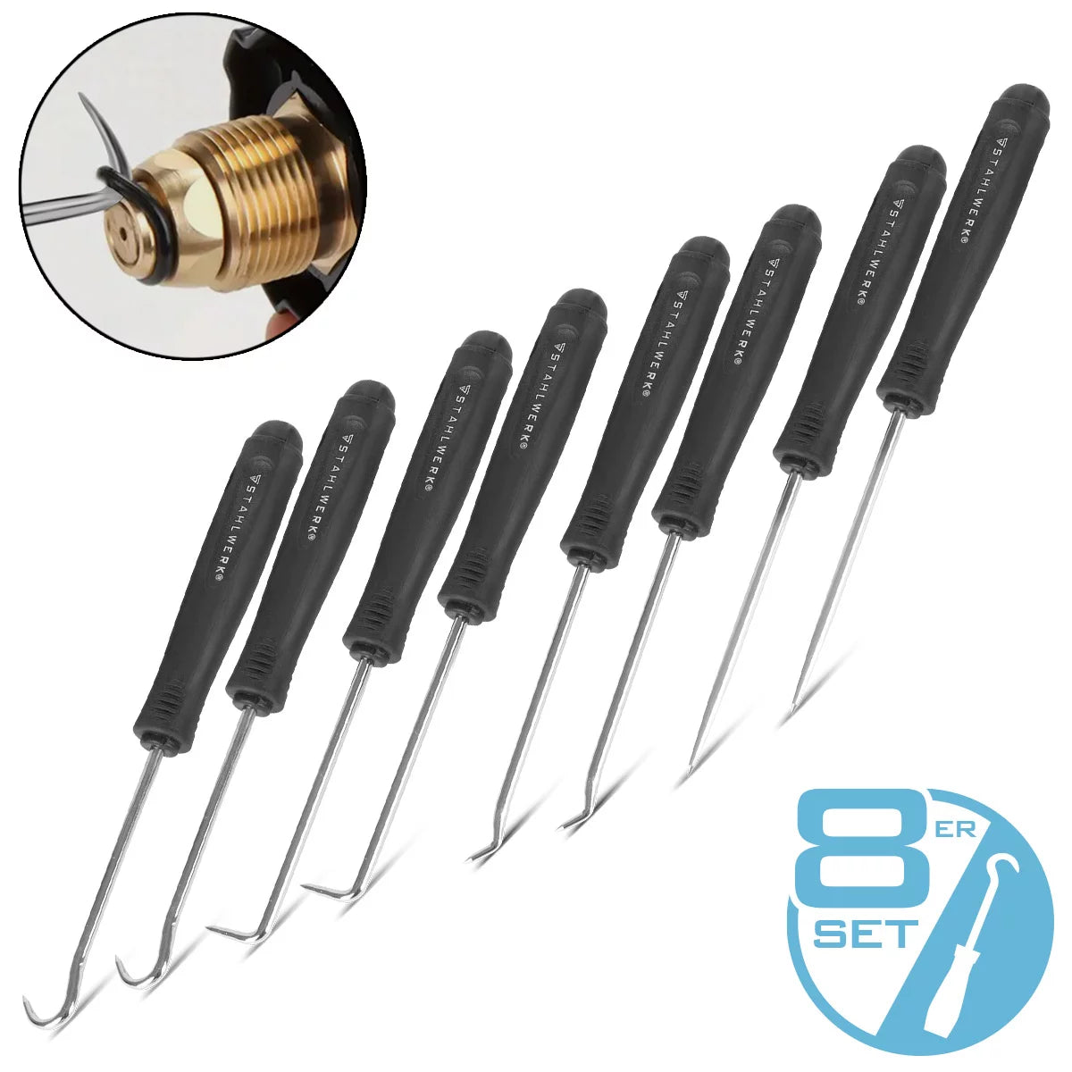 STAHLWERK Haken-Werkzeug-Set 8-teilig | Haken-Satz | Nadelhaken | Dichtungshaken | Pick-Set | Präzisionshaken | O-Ring-Werkzeug zum Entfernen und Einsetzen von Dichtungsringen
