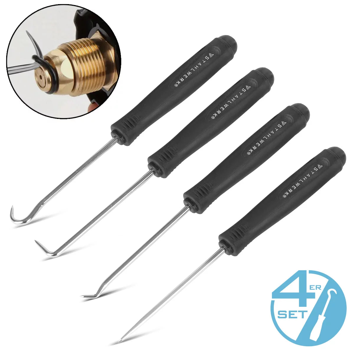 Conjunto de herramientas de gancho de Stahlwerk 4 partes | Conjunto de gancho | Ganchos pereales | Sellado de sellado | Set de selección | Hook de precisión | Herramienta de junta tórica para eliminar y usar anillos de sellado