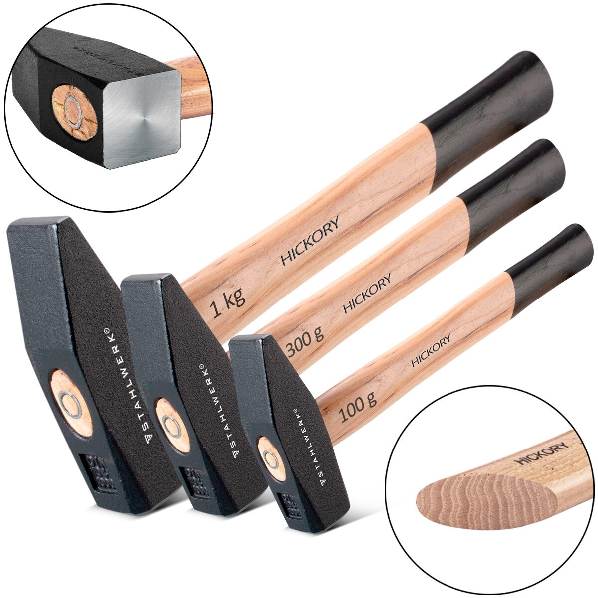 Blocco martello in acciaio a martello nel set 100 g 300 g 1000 g robusto testa robusta in acciaio forgiato, ben bilanciata e maniglia ergonomica in legno di hickory resistente alla frattura