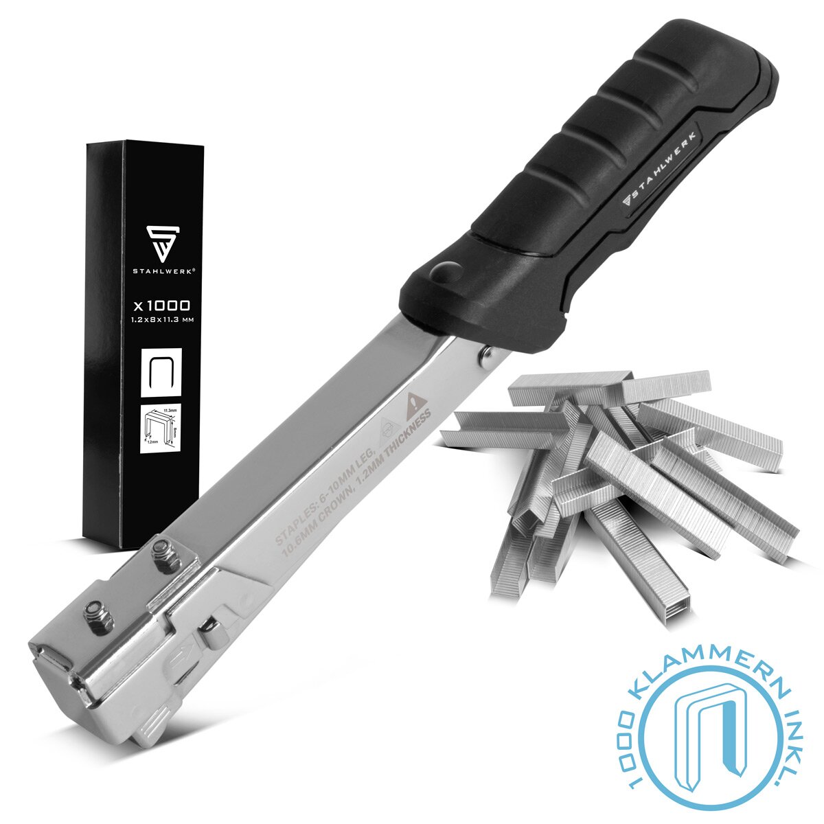 Steelworks Hammertacker con 1000 PROFI-Tacker di TackerKlampen | Tacking Tacker | Attaccante a mano | PAG opuscolo | Hammeragler | Klammertacker | Brainer per staffe 6-10 mm Tipo G