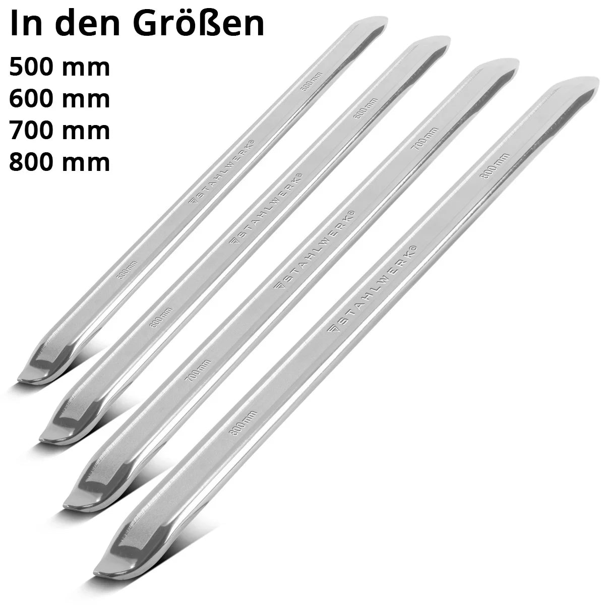STAHLWERK Hebeleisen 4er Set 500 | 600 | 700 | 800 mm Kfz Reifeneisen | Montiereisen | Montierhebel | Reifen-Montageeisen | Reifenhebel aus verchromtem Mangan-Stahl für Reifenwechsel