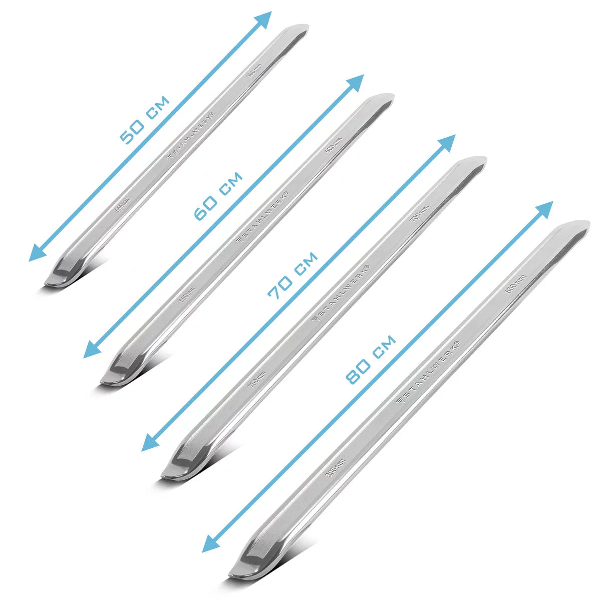 STAHLWERK Hebeleisen 4er Set 500 | 600 | 700 | 800 mm Kfz Reifeneisen | Montiereisen | Montierhebel | Reifen-Montageeisen | Reifenhebel aus verchromtem Mangan-Stahl für Reifenwechsel