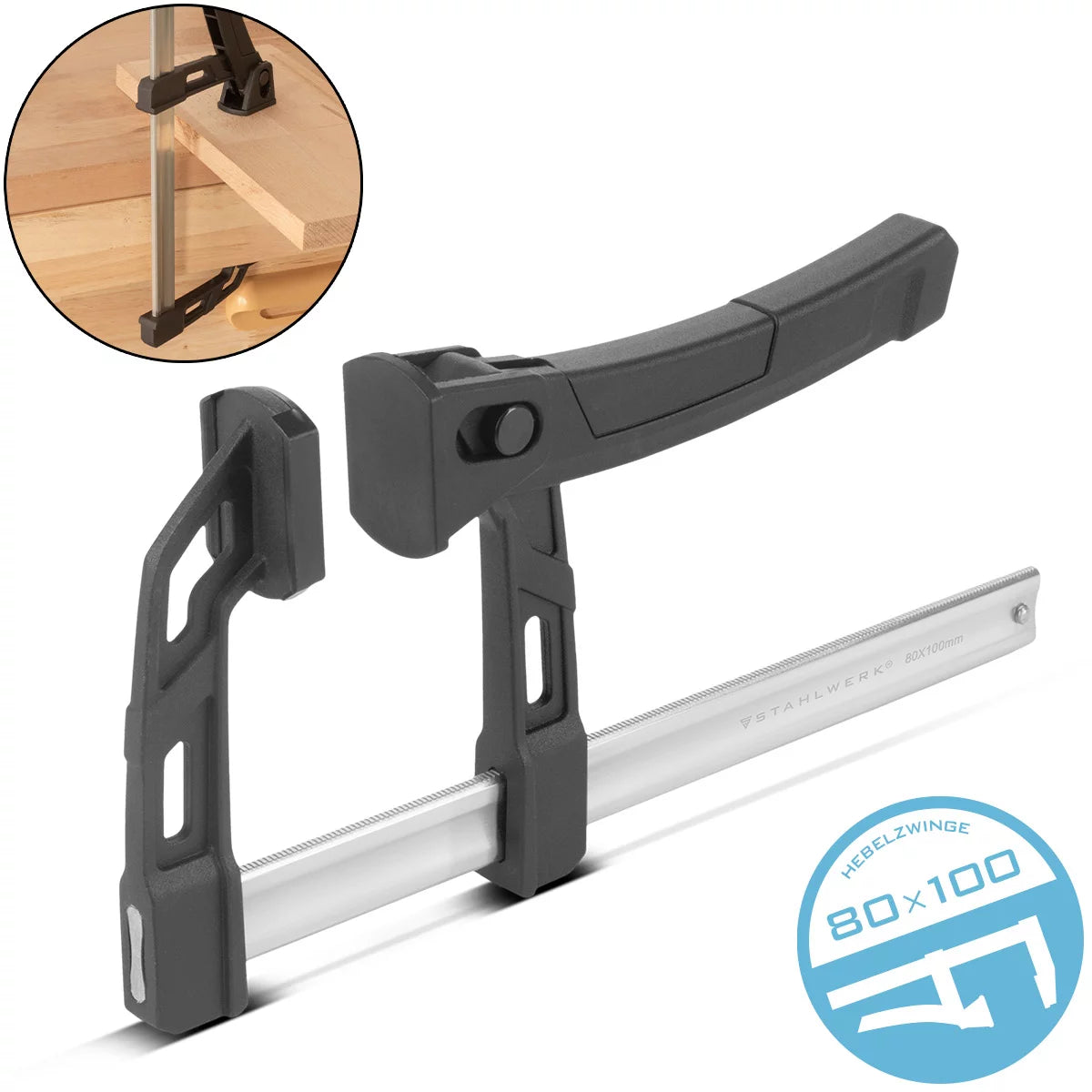 CLAMP LEVER SEACHEWWORKS 80x100 mm | potente morsetto di serraggio con 100 kg di potenza di pressione | Tenditore rapido per una fissazione precisa dei pezzi | Composto stabile con campata di 100 mm, profondità di serraggio 80 mm