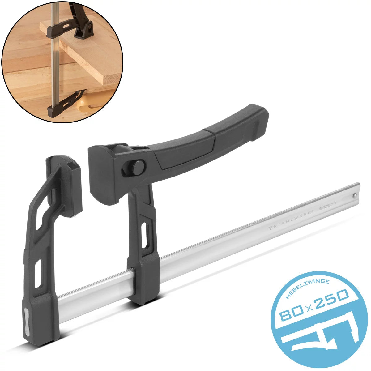 CLAMP LEVERE SCAELEWWORKS 80x250 mm | potente morsetto di serraggio con 100 kg di potenza di pressione | Tenditore rapido per una fissazione precisa dei pezzi | Composto stabile con campata di 250 mm, profondità di serraggio 80 mm