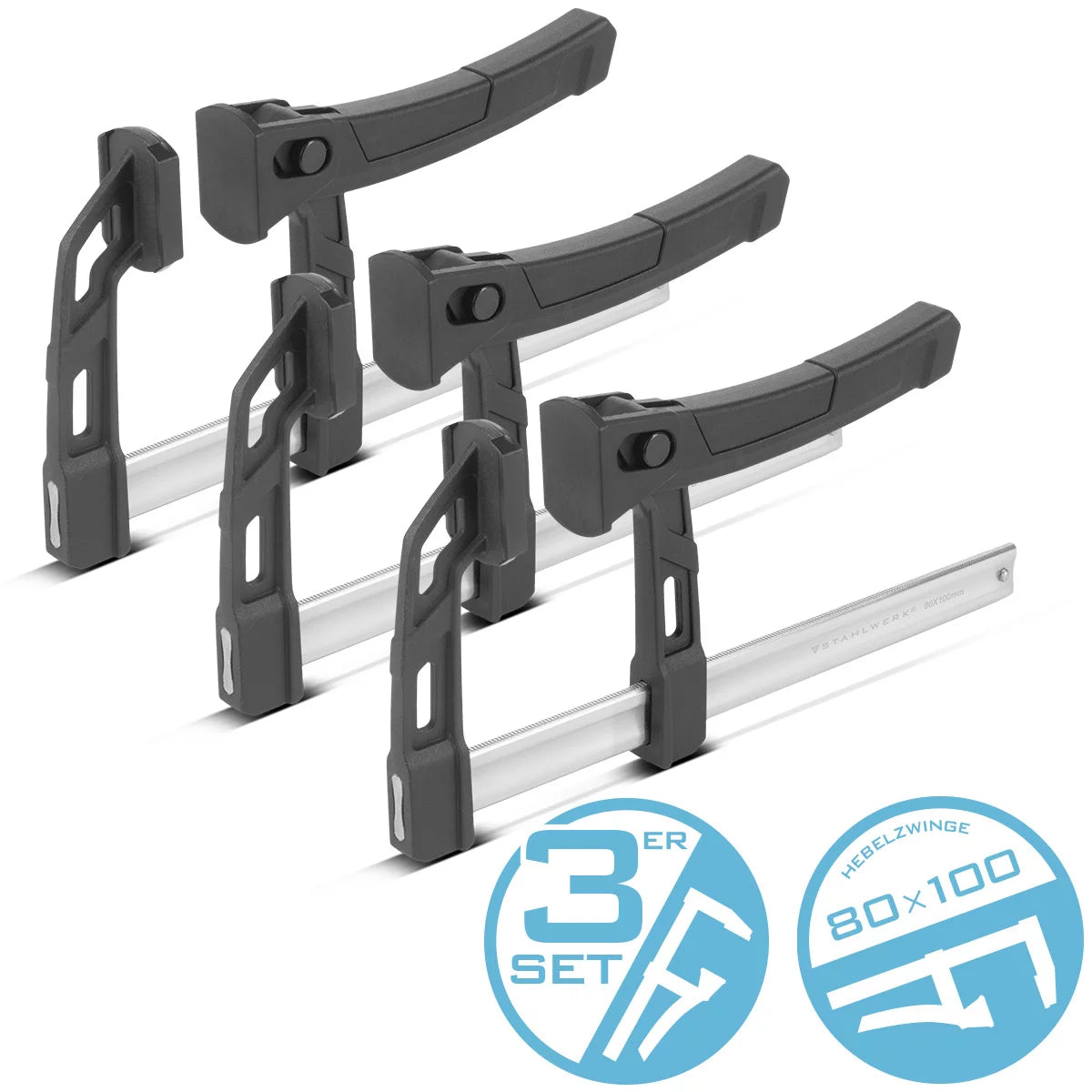 SCAELLO 3 X FORNICA DI LEVA 80X100 MM | potente morsetto di serraggio con 100 kg di potenza di pressione | Tenditore rapido per una fissazione precisa dei pezzi | Composto stabile con campata di 100 mm, profondità di serraggio 80 mm