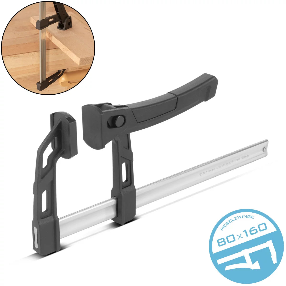 Clamp leva in acciaio 80x160 mm | potente morsetto di serraggio con 100 kg di potenza di pressione | Tenditore rapido per una fissazione precisa dei pezzi | Composto stabile con campata di 160 mm, profondità di serraggio 80 mm