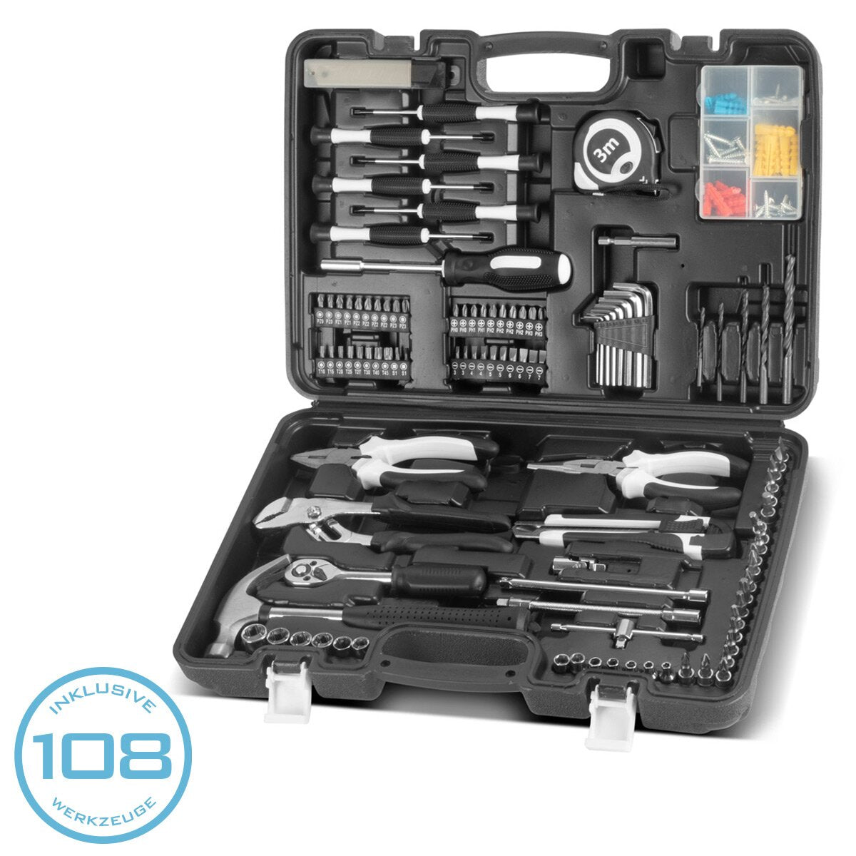 STAHLWERK Heimwerker Set HTS-109 ST Werkzeugkoffer | Tool Box | Werkzeugkasten mit 108-teiligem Werkzeug Set aus Schraubendrehern, Steckschlüsseln, Zangen, Hammer, Maßband, Bit-Set und Zubehör