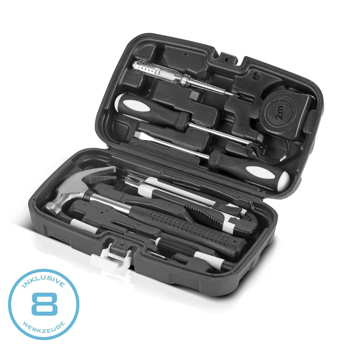 STAHLWERK Heimwerker Set HTS-9 ST Werkzeugkoffer | Tool Box | Werkzeugkasten mit 8-teiligem Werkzeug Set aus Schraubendrehern, Maßband, Hammer, Elektrosonde und Universalmesser