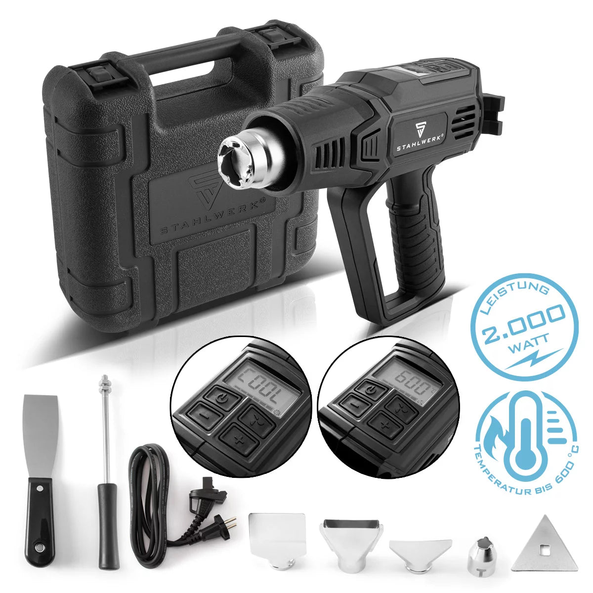 Stahlwerk HP-2001 par pistolet à air chaud de 2 000 watts et séchoir à air chaud jusqu'à 600 degrés avec écran LCD et contrôle numérique | Souleur à air chaud pour le soudage, la soudure, le rétrécissement