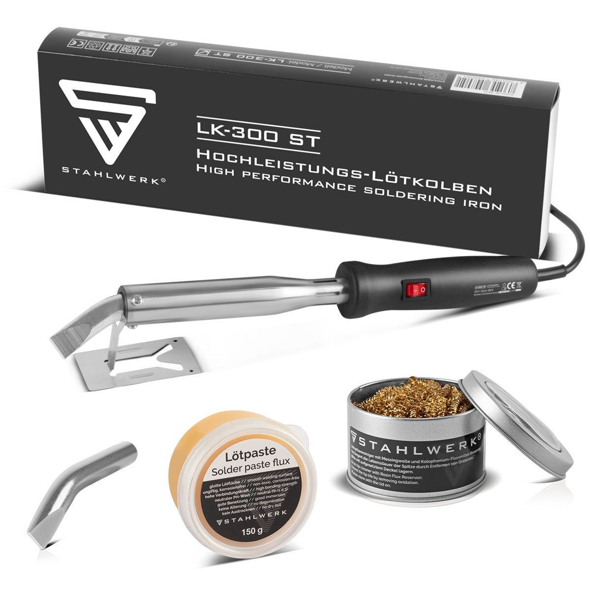 Conjunto de hierro de soldadura de alto rendimiento Steelworks | Pistola de loensión con 300 W potencia | 500 ° C Temperatura superior | Con consejo de soldadura de reemplazo 115 x 18 mm