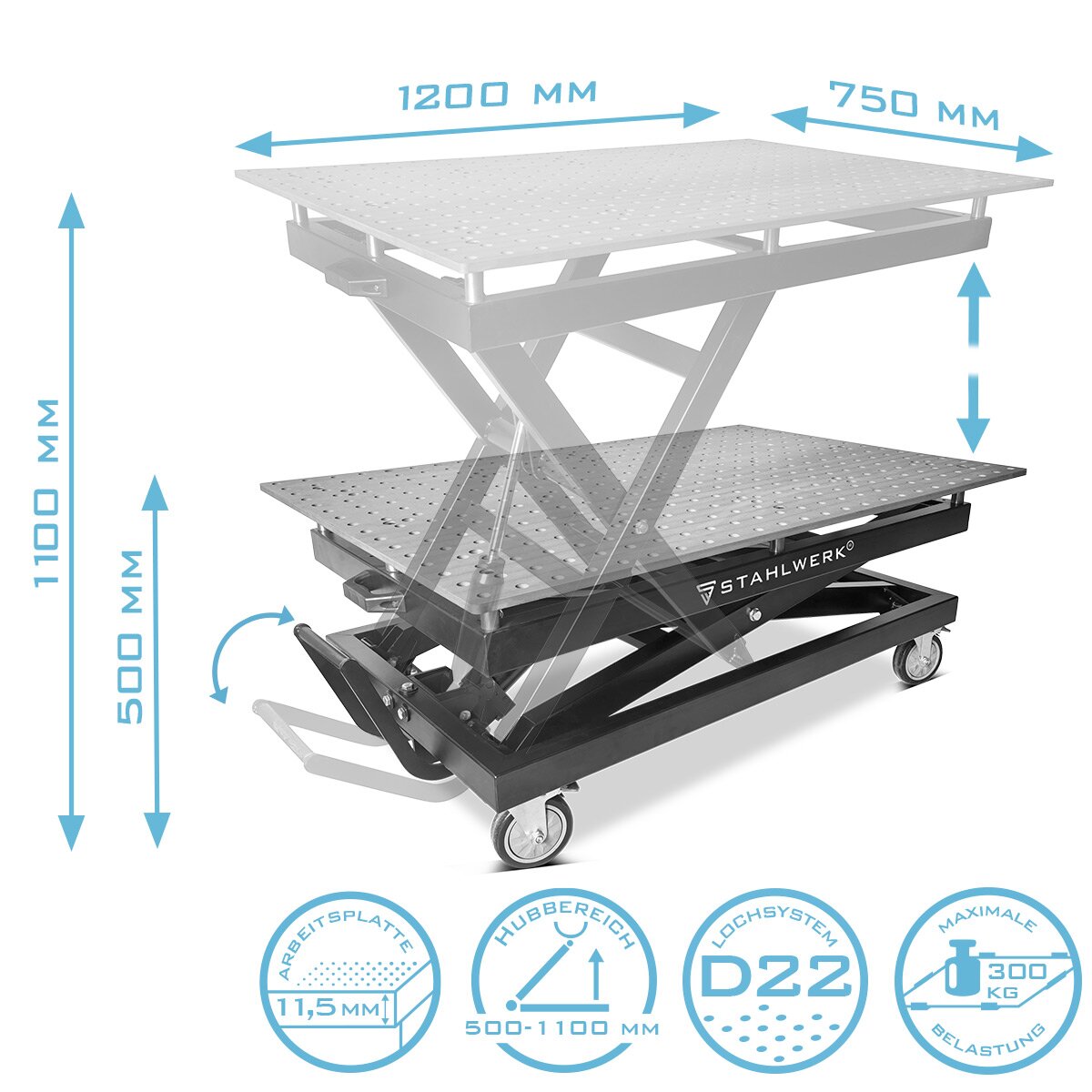 STAHLWERK Höhenverstellbarer Schweißtisch HWT-1200 ST 1200 x 750 mm hydraulischer Montagetisch mit 500 - 1100 mm Hubbereich, 300 kg Tragkraft, D22 Lochplatte und pulverbeschichteten Beinen
