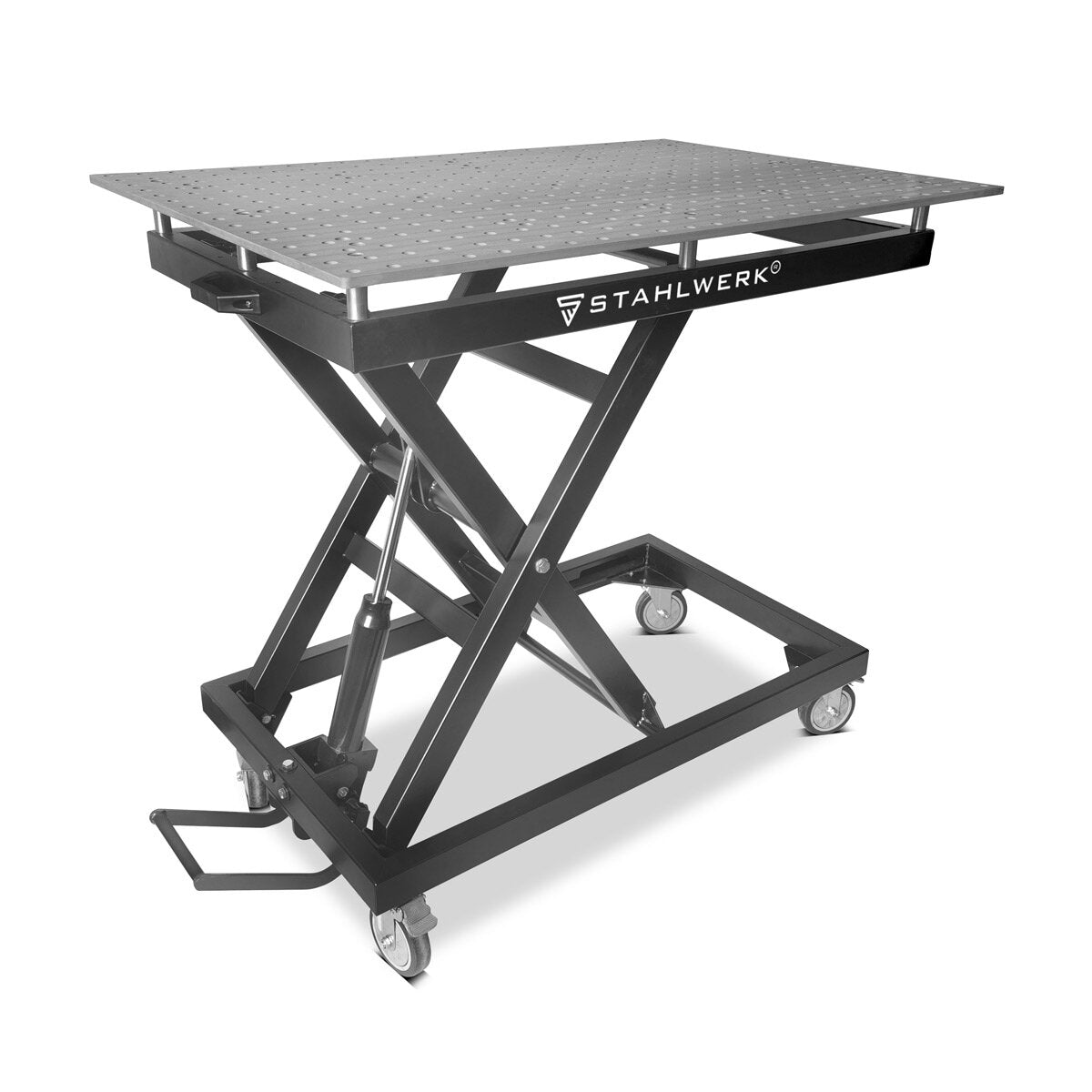 STAHLWERK Höhenverstellbarer Schweißtisch HWT-1200 ST 1200 x 750 mm hydraulischer Montagetisch mit 500 - 1100 mm Hubbereich, 300 kg Tragkraft, D22 Lochplatte und pulverbeschichteten Beinen
