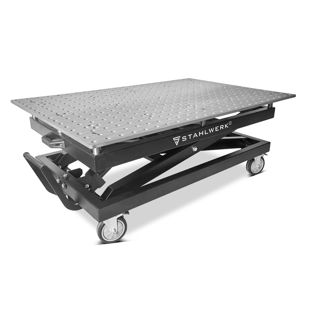 STAHLWERK Höhenverstellbarer Schweißtisch HWT-1200 ST 1200 x 750 mm hydraulischer Montagetisch mit 500 - 1100 mm Hubbereich, 300 kg Tragkraft, D22 Lochplatte und pulverbeschichteten Beinen