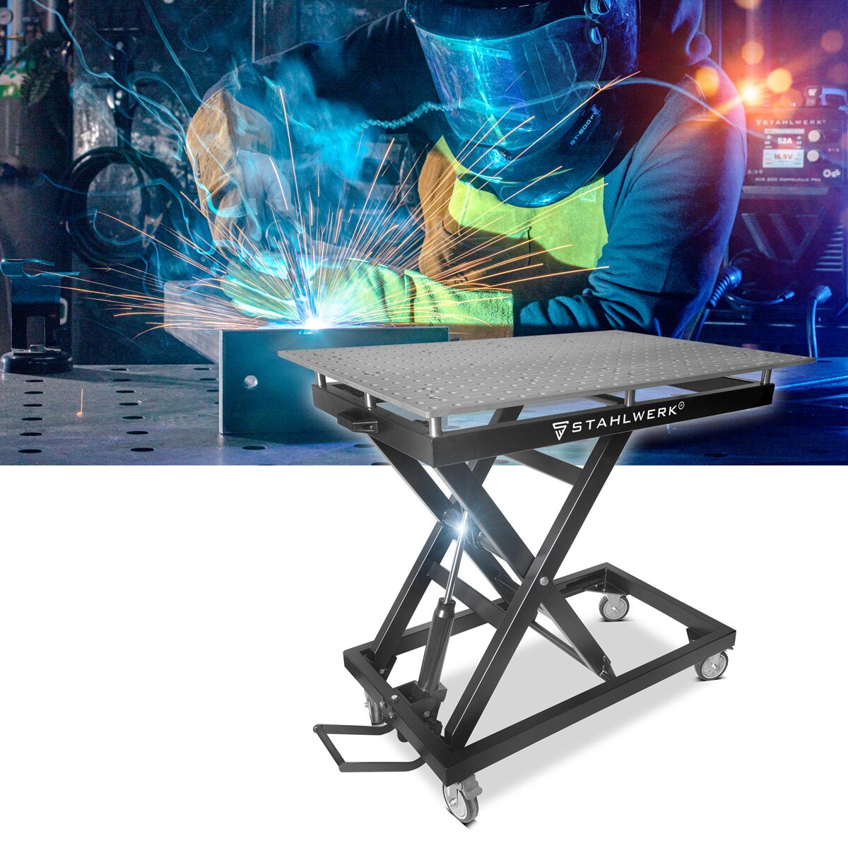 STAHLWERK Höhenverstellbarer Schweißtisch HWT-1200 ST 1200 x 750 mm hydraulischer Montagetisch mit 500 - 1100 mm Hubbereich, 300 kg Tragkraft, D22 Lochplatte und pulverbeschichteten Beinen