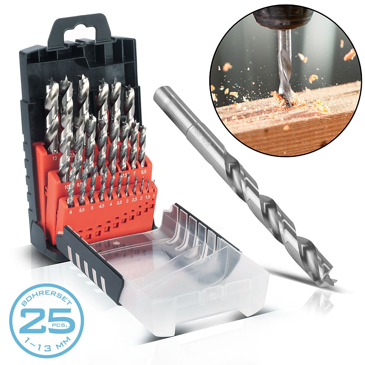 Steelworks HSS Taladro de espiral de madera 25 Conjunto de 1-13 mm DIN 338 Taladro de madera | Ejercicio HSS | Bohrer Set | Taladro con bordes afilados y punta de centrado para agujeros precisos