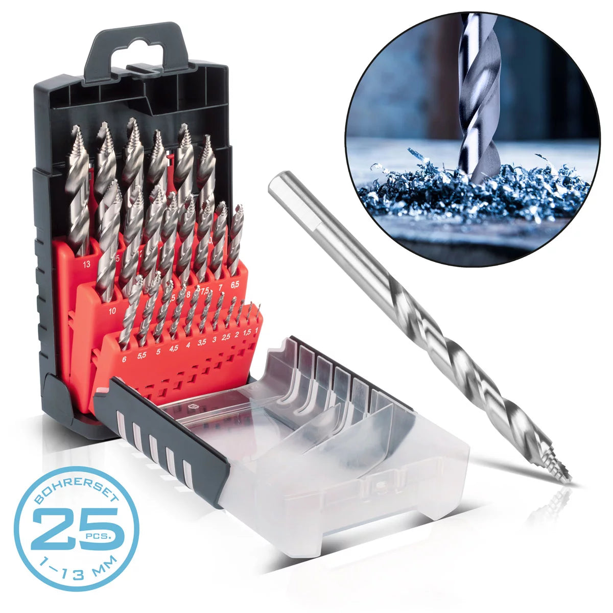 STAHLWERK HSS-Spiralbohrer mit Stufenspitze | 25er Set 1-13 mm | DIN 338 Typ N | HSS-Bohrer-Satz | Profilgeschliffenes Bohrer-Set | Spitzenwinkel 118 Grad | Hochleistungsbohrer für präzise Bohrungen