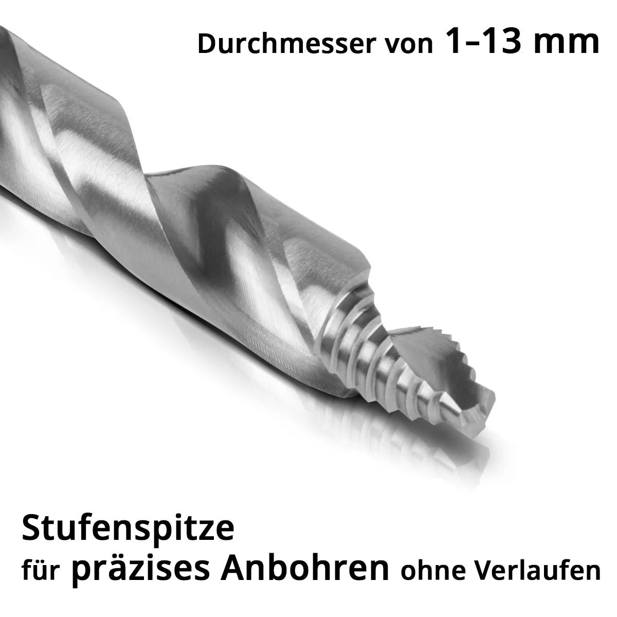 STAHLWERK HSS-Spiralbohrer mit Stufenspitze | 25er Set 1-13 mm | DIN 338 Typ N | HSS-Bohrer-Satz | Profilgeschliffenes Bohrer-Set | Spitzenwinkel 118 Grad | Hochleistungsbohrer für präzise Bohrungen