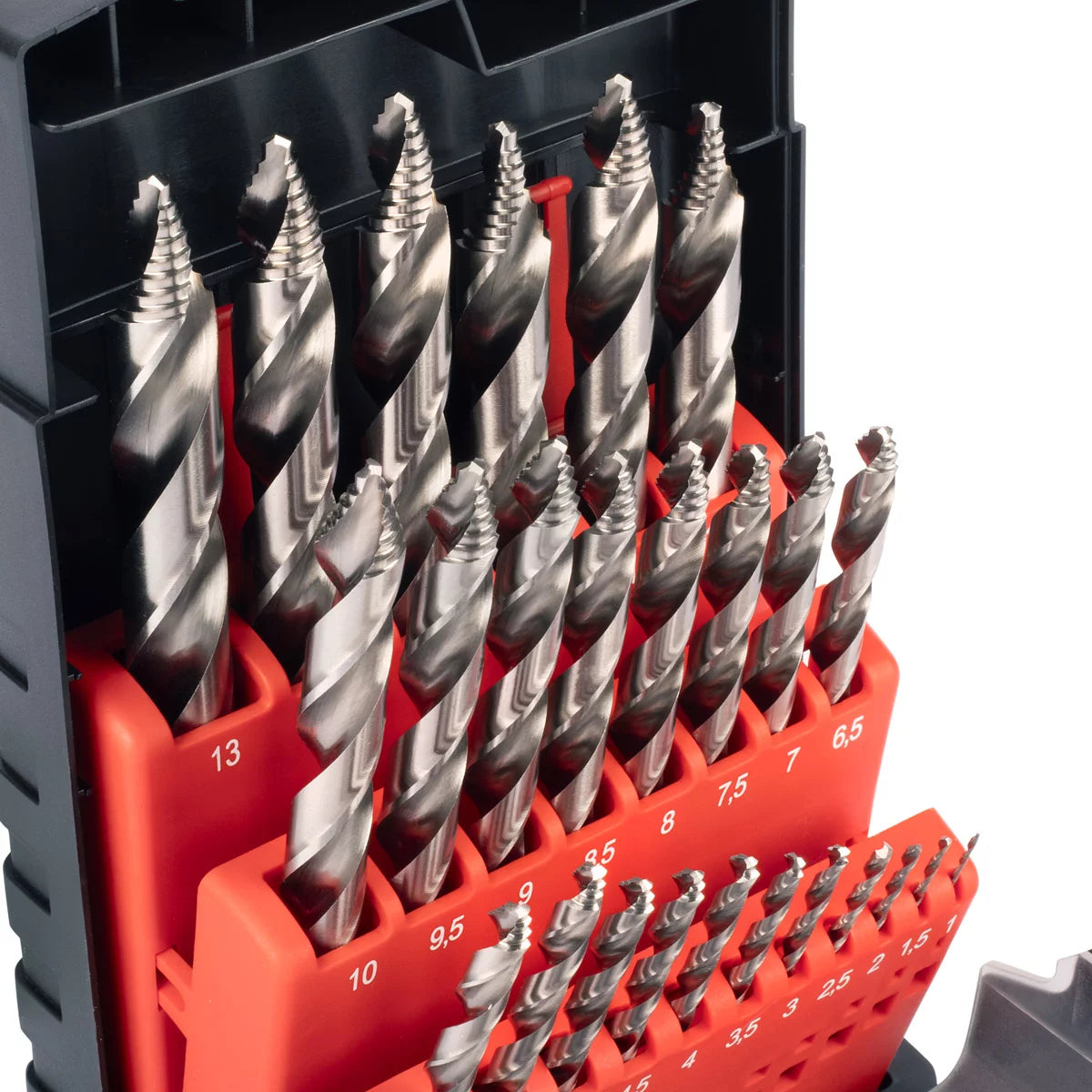 STAHLWERK HSS-Spiralbohrer mit Stufenspitze | 25er Set 1-13 mm | DIN 338 Typ N | HSS-Bohrer-Satz | Profilgeschliffenes Bohrer-Set | Spitzenwinkel 118 Grad | Hochleistungsbohrer für präzise Bohrungen