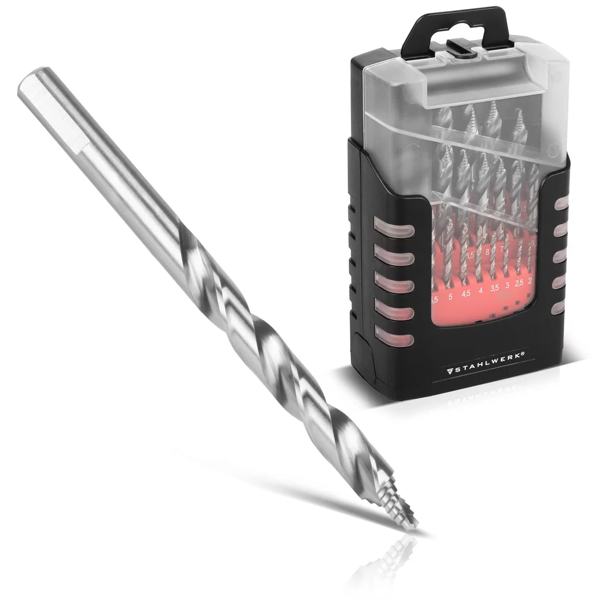 STAHLWERK HSS-Spiralbohrer mit Stufenspitze | 25er Set 1-13 mm | DIN 338 Typ N | HSS-Bohrer-Satz | Profilgeschliffenes Bohrer-Set | Spitzenwinkel 118 Grad | Hochleistungsbohrer für präzise Bohrungen