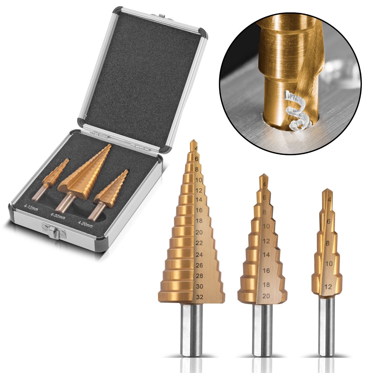 Steelworks HSS Step Drill 3 Set Tin Roat 4-12 | 4-20 | Drill en métal enduit de 4-32 mm Titan | Foret Kegel | Senk Drill | Schälbohrer | Drill Konus | Drift set avec boîte en aluminium