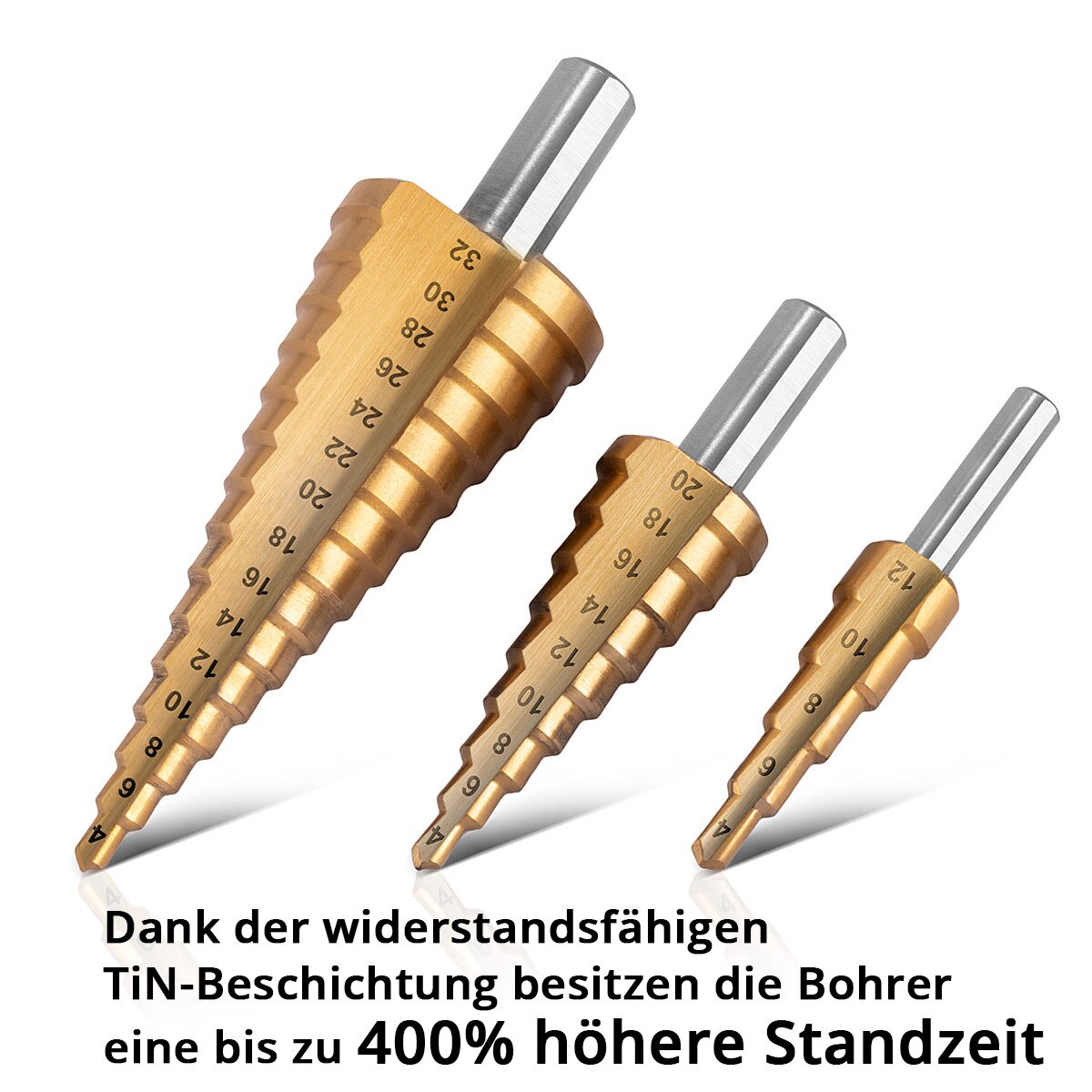 Steelworks HSS Step Drill 3 Set Tin Roat 4-12 | 4-20 | Drill en métal enduit de 4-32 mm Titan | Foret Kegel | Senk Drill | Schälbohrer | Drill Konus | Drift set avec boîte en aluminium