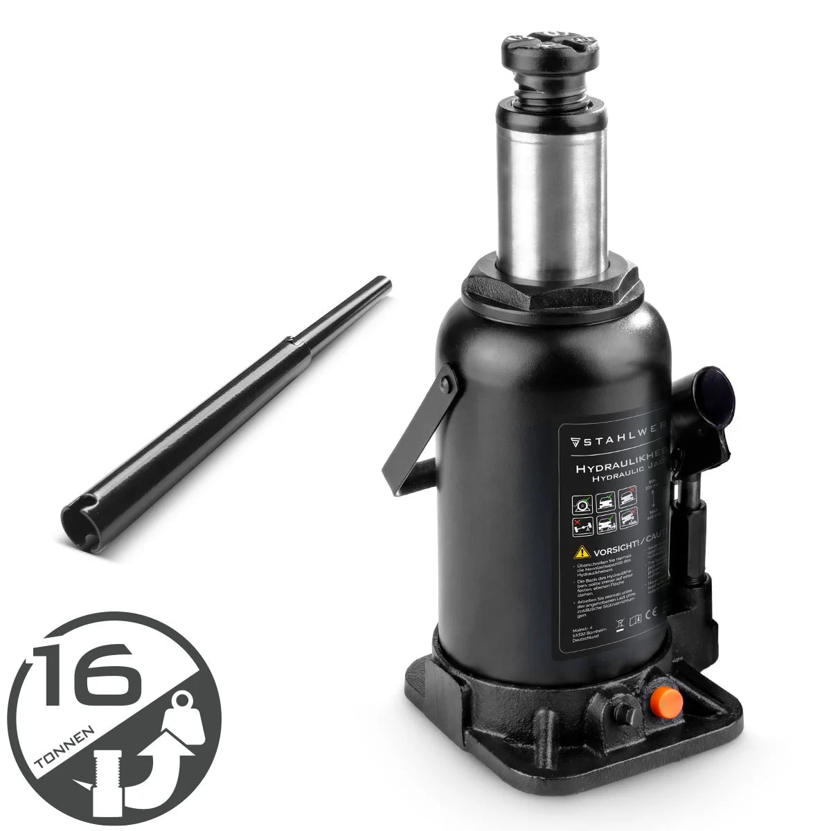 STAHLWERK Hydraulikheber GW1604 mit 16 t Tragkraft | Hubbereich 225 - 445 mm | Kompakter Stempelwagenheber | Hydraulik-Wagenheber | Stabiler Flaschenwagenheber für Maschinen, Nutzfahrzeuge und Pkw