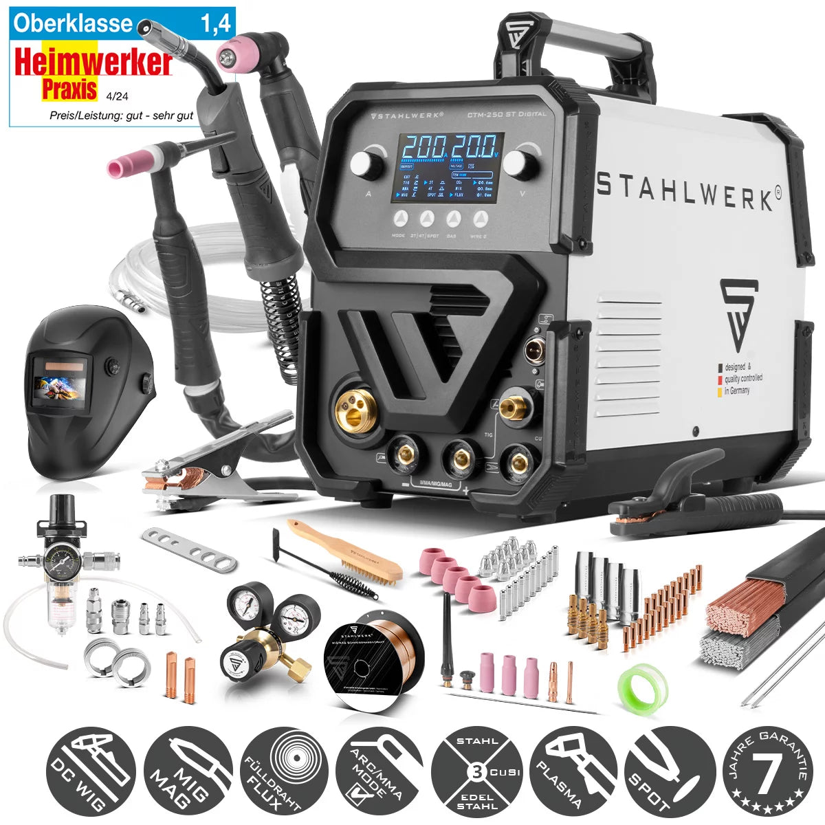 آلة لحام مركبة STAHLWERK CTM-250 ST آلة لحام غاز خامل 5 في 1 رقمية مجهزة بالكامل | عاكس بقدرة 200 أمبير، وتغذية سلكية متآزرة، وقاطع بلازما مدمج بقدرة 50 أمبير CUT | تيج