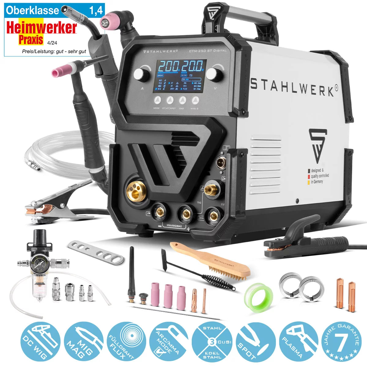 Stahlwerk combi welding device CTM-2550 ST Digital 5-in-1 protective gas welding device | Inverter with 200 A, synergic wire feed and integrated 50 A plasma cutter cut | WIG | Mig Mag | MMA | Flux