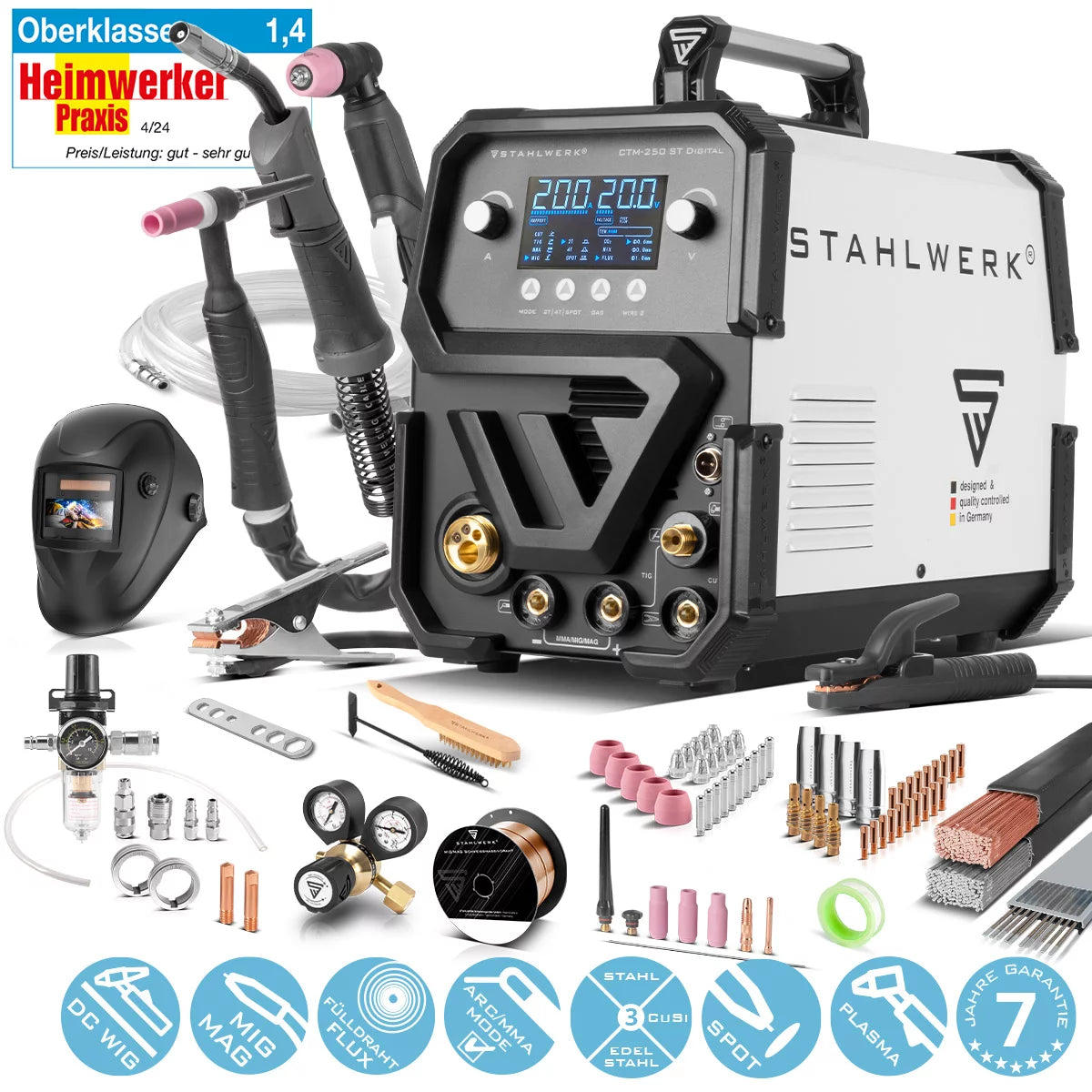 STAHLWERK Kombi-Schweißgerät CTM-250 ST Digital Vollausstattung 5-in-1 Schutzgas-Schweißgerät | Inverter mit 200 A, synergischem Drahtvorschub und integriertem 50 A Plasmaschneider CUT | WIG