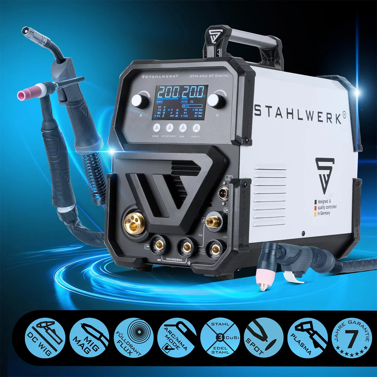 آلة لحام مركبة STAHLWERK CTM-250 ST آلة لحام غاز خامل 5 في 1 رقمية مجهزة بالكامل | عاكس بقدرة 200 أمبير، وتغذية سلكية متآزرة، وقاطع بلازما مدمج بقدرة 50 أمبير CUT | تيج