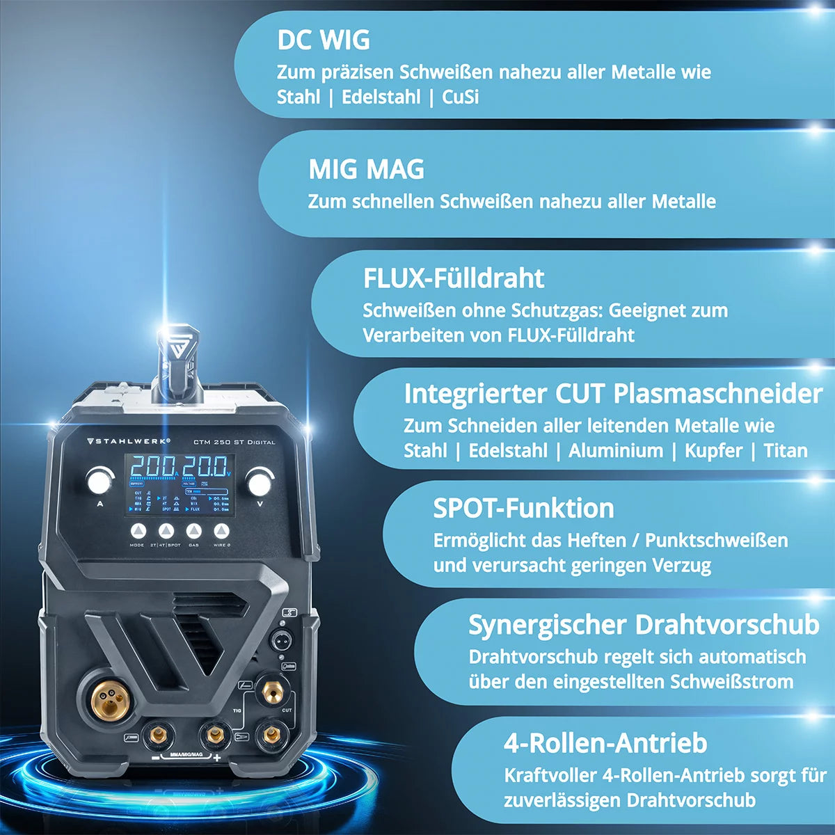 STAHLWERK Kombi-Schweißgerät CTM-250 ST Digital Vollausstattung 5-in-1 Schutzgas-Schweißgerät | Inverter mit 200 A, synergischem Drahtvorschub und integriertem 50 A Plasmaschneider CUT | WIG