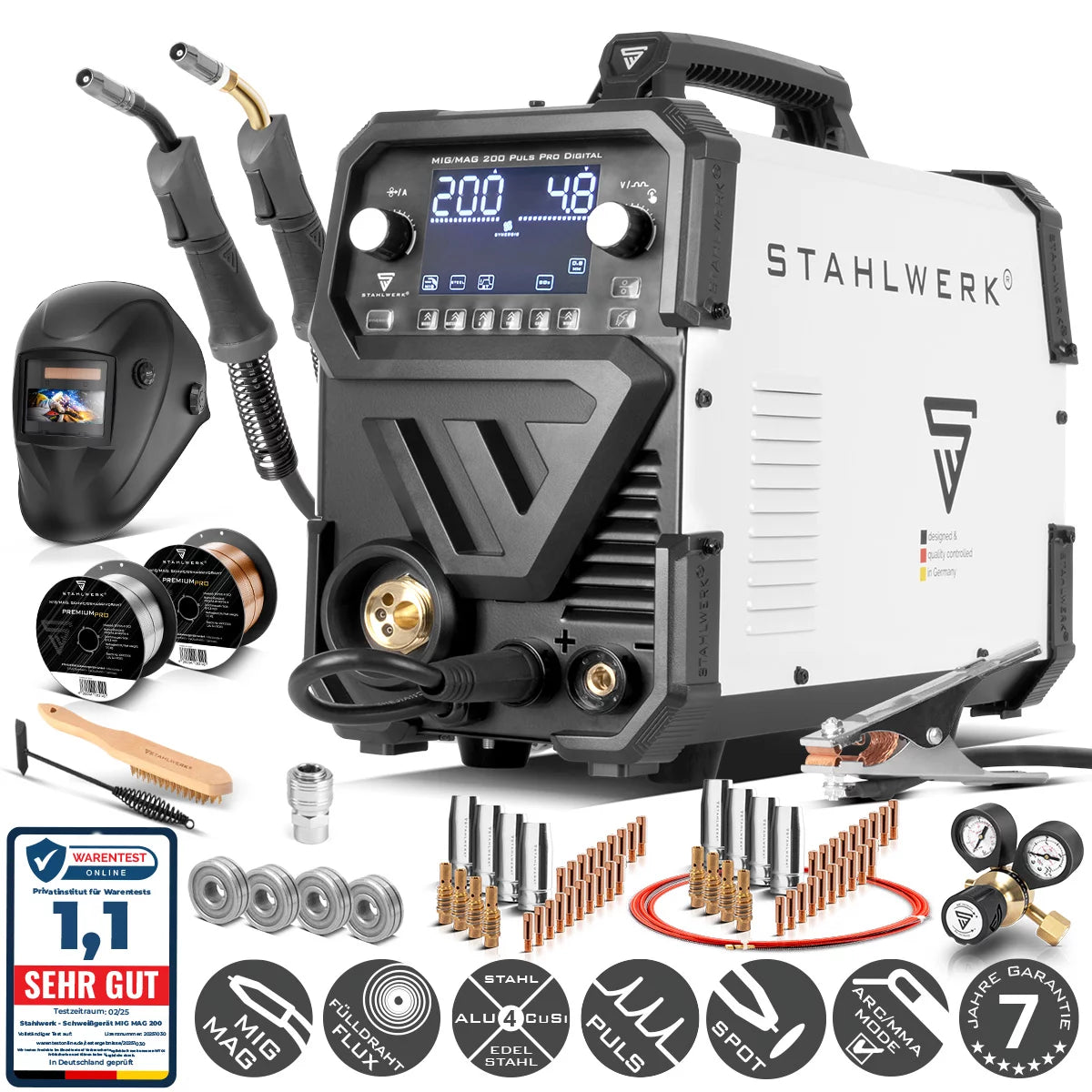STAHLWERK MIG MAG 200 Spot Puls Pro Digital Vollausstattung Schutzgas-Schweißgerät | IGBT Inverter 200 A | Synergischer Drahtvorschub | 4-Rollen-Antrieb | FLUX, Lift-TIG, MMA, CuSi | MIG-Puls für Alu