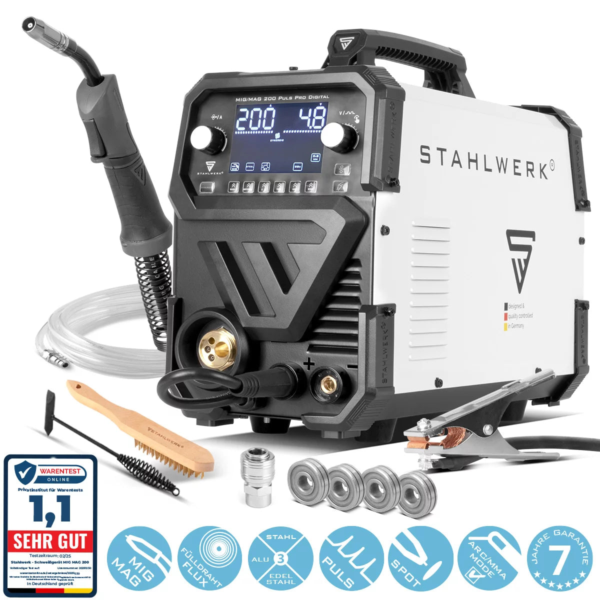 STAHLWERK MIG MAG 200 Spot Puls Pro Digital Schutzgas-Schweißgerät | IGBT Inverter mit 200 A, synergischem Drahtvorschub, 4-Rollen-Antrieb, FLUX, Lift-TIG und MMA/ARC Funktion | MIG-Puls für Aluminium