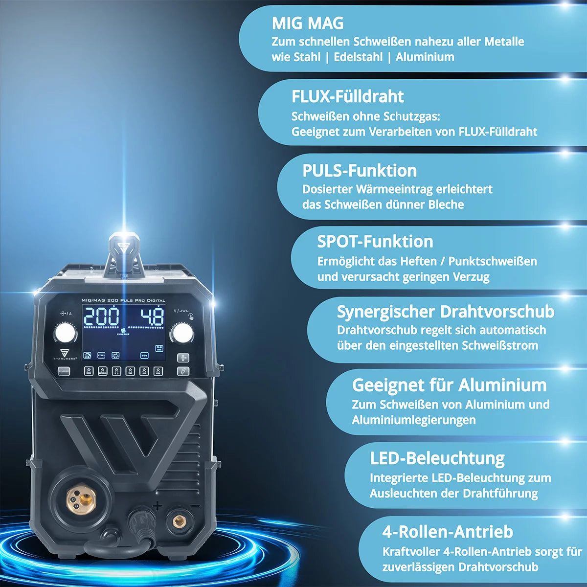 Stahlwerk MIG MAG 200 Spot Puls Pro Digital Protection gas welding device | IGBT Inverter with 200 A, synergic wire feed, 4-roll drive, flux, lift-tig and MMA/ARC function | MIG pulse for aluminum
