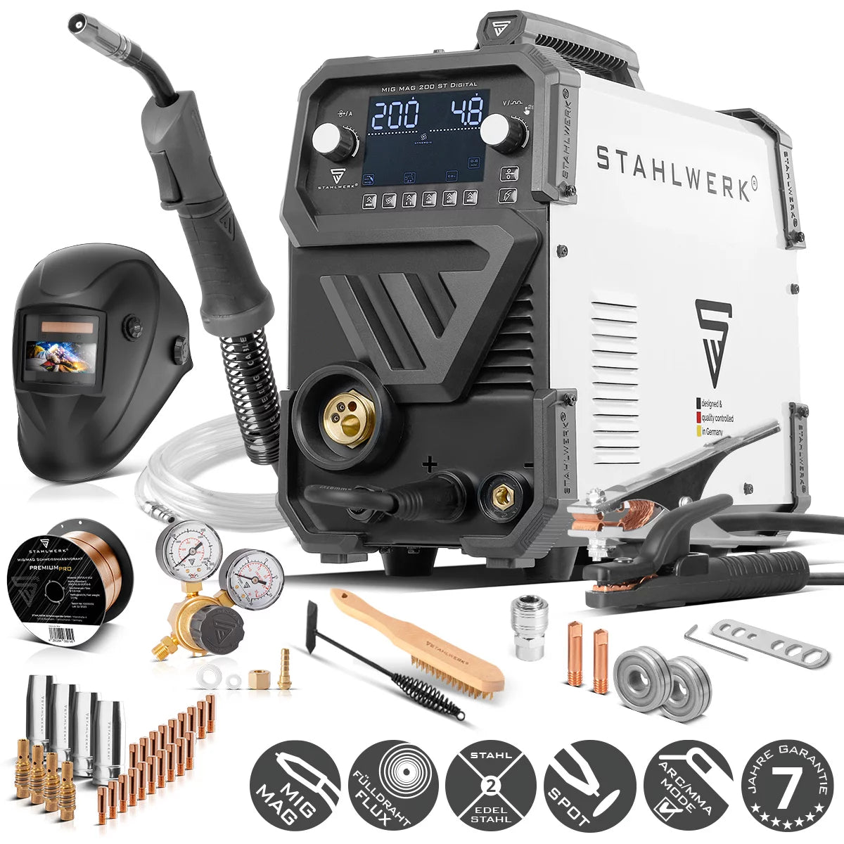 STAHLWERK Schweißgerät MIG MAG 200 ST Digital Vollausstattung IGBT Schutzgas-Schweißgerät | Inverter mit 200 A , Spot-Funktion, synergischem Drahtvorschub, FLUX und MMA | ARC Funktion