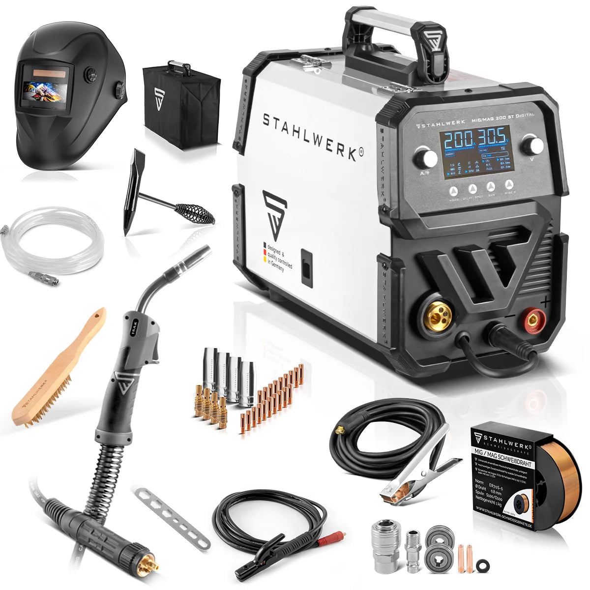 STAHLWERK Schweißgerät MIG MAG 200 ST Digital Vollausstattung IGBT Schutzgas-Schweißgerät | Inverter mit 200 A , Spot-Funktion, synergischem Drahtvorschub, FLUX und MMA | ARC Funktion