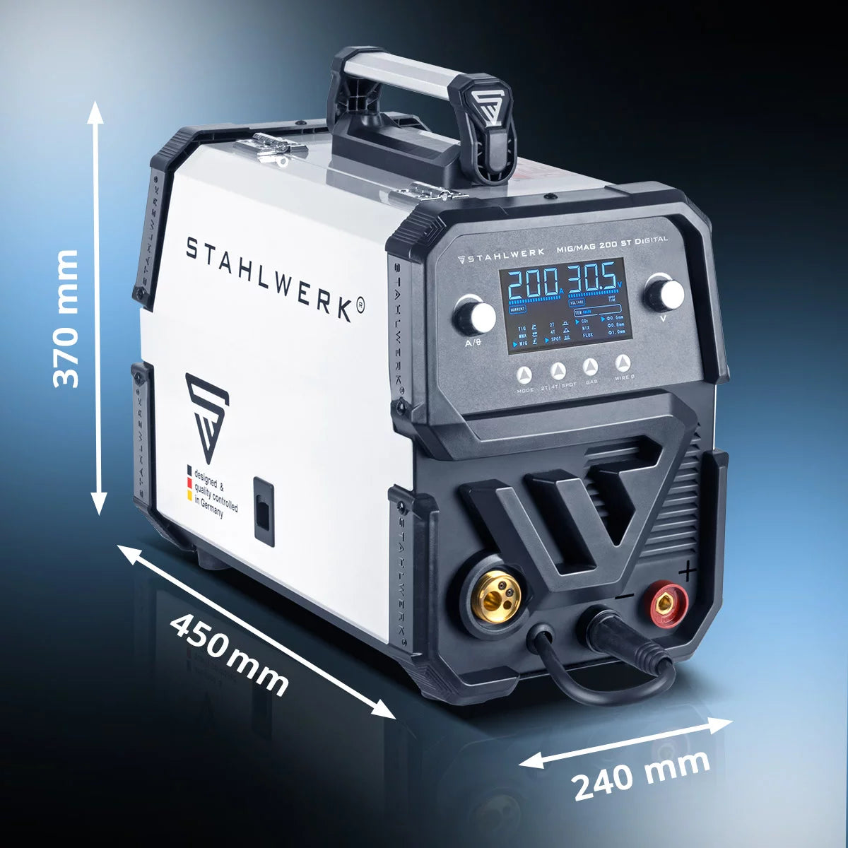 Saldatura in acciaio MIG MAG Mag 200 St Dispositivo di saldatura a gas protettivo IGBT Digital Attrezzatura Full Full | Inverter con 200 A, funzione spot, alimentazione a filo sinergico, flusso e MMA | Funzione arco