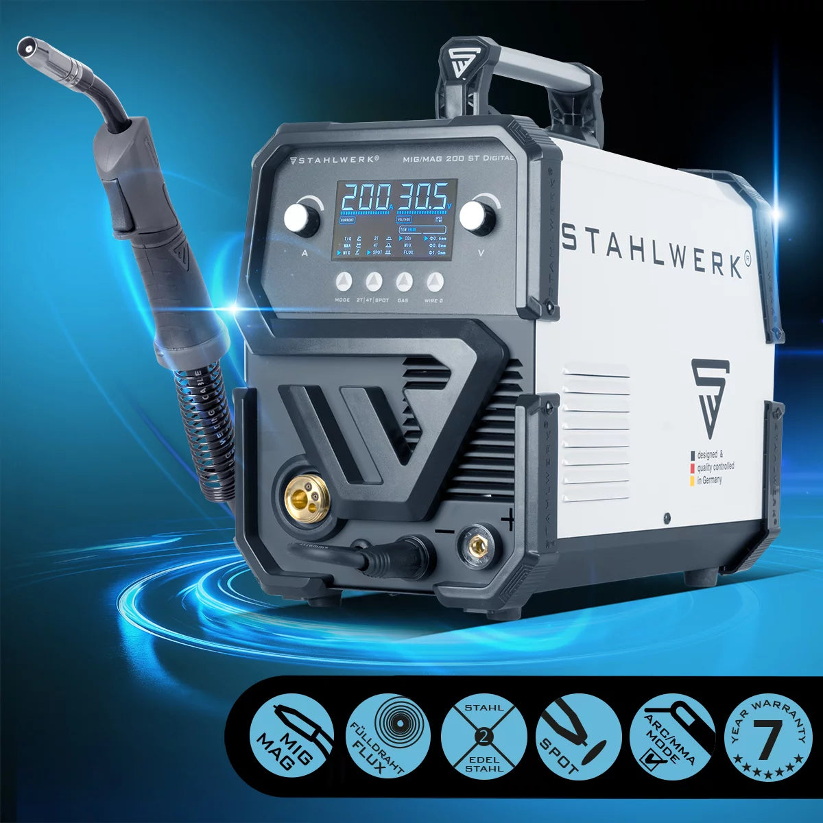 STAHLWERK Schweißgerät MIG MAG 200 ST Digital Vollausstattung IGBT Schutzgas-Schweißgerät | Inverter mit 200 A , Spot-Funktion, synergischem Drahtvorschub, FLUX und MMA | ARC Funktion