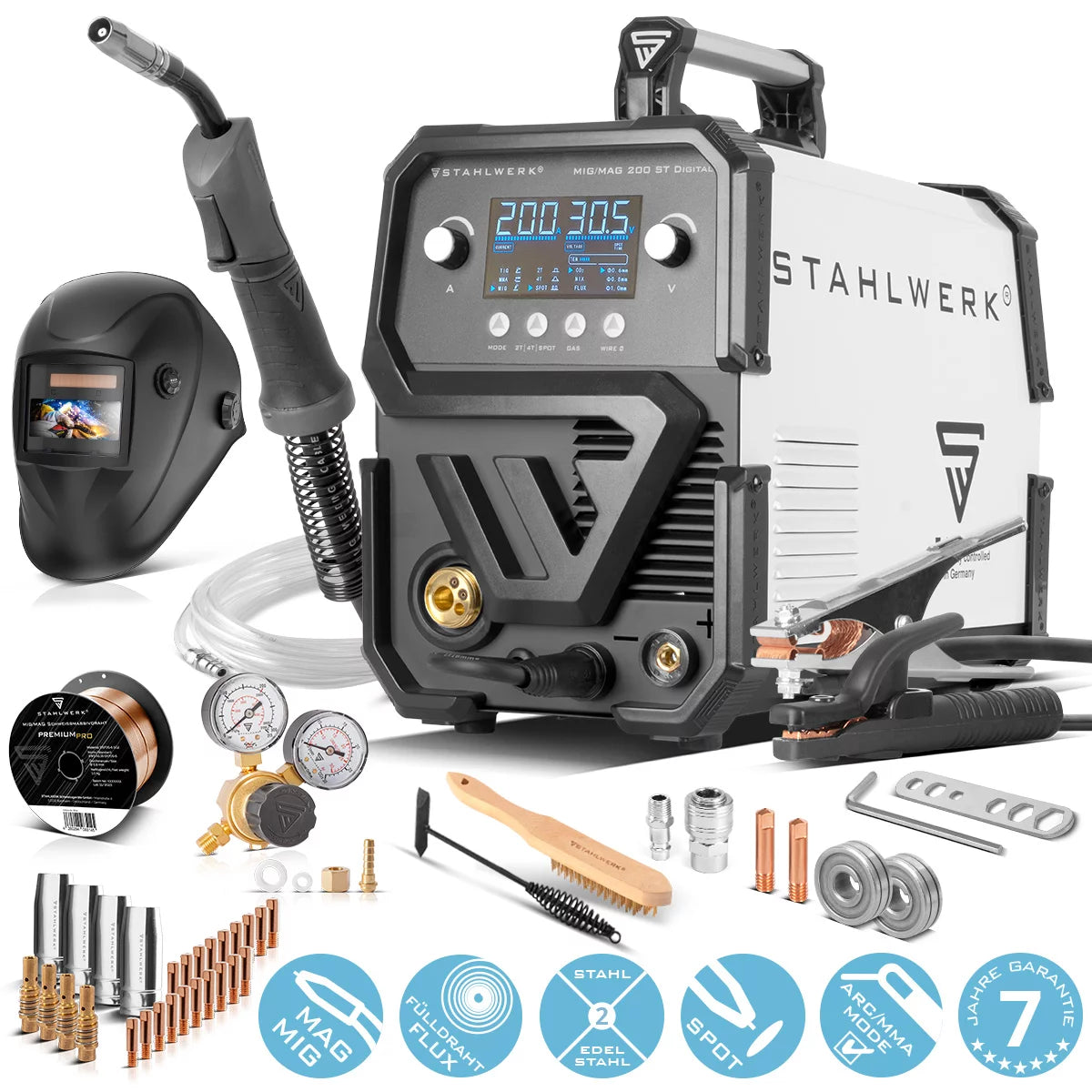 STAHLWERK Schweißgerät MIG MAG 200 ST Digital Vollausstattung IGBT Schutzgas-Schweißgerät | Inverter mit 200 A , Spot-Funktion, synergischem Drahtvorschub, FLUX und MMA | ARC Funktion