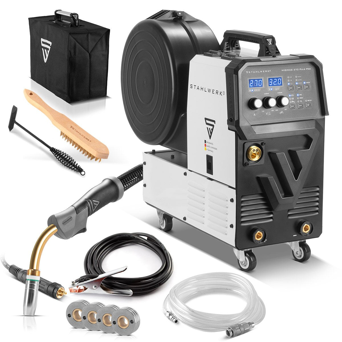 STAHLWERK Schweißgerät MIG 270 Puls Pro | 4-in-1 Schutzgas-Schweißgerät mit Pulsfunktion | Inverter mit 270 A, Spot-Funktion, synergischem Drahtvorschub, 4-Rollen-Antrieb, FLUX, Lift TIG und MMA | ARC Funktion | Puls-Alu-Schweißfunktion