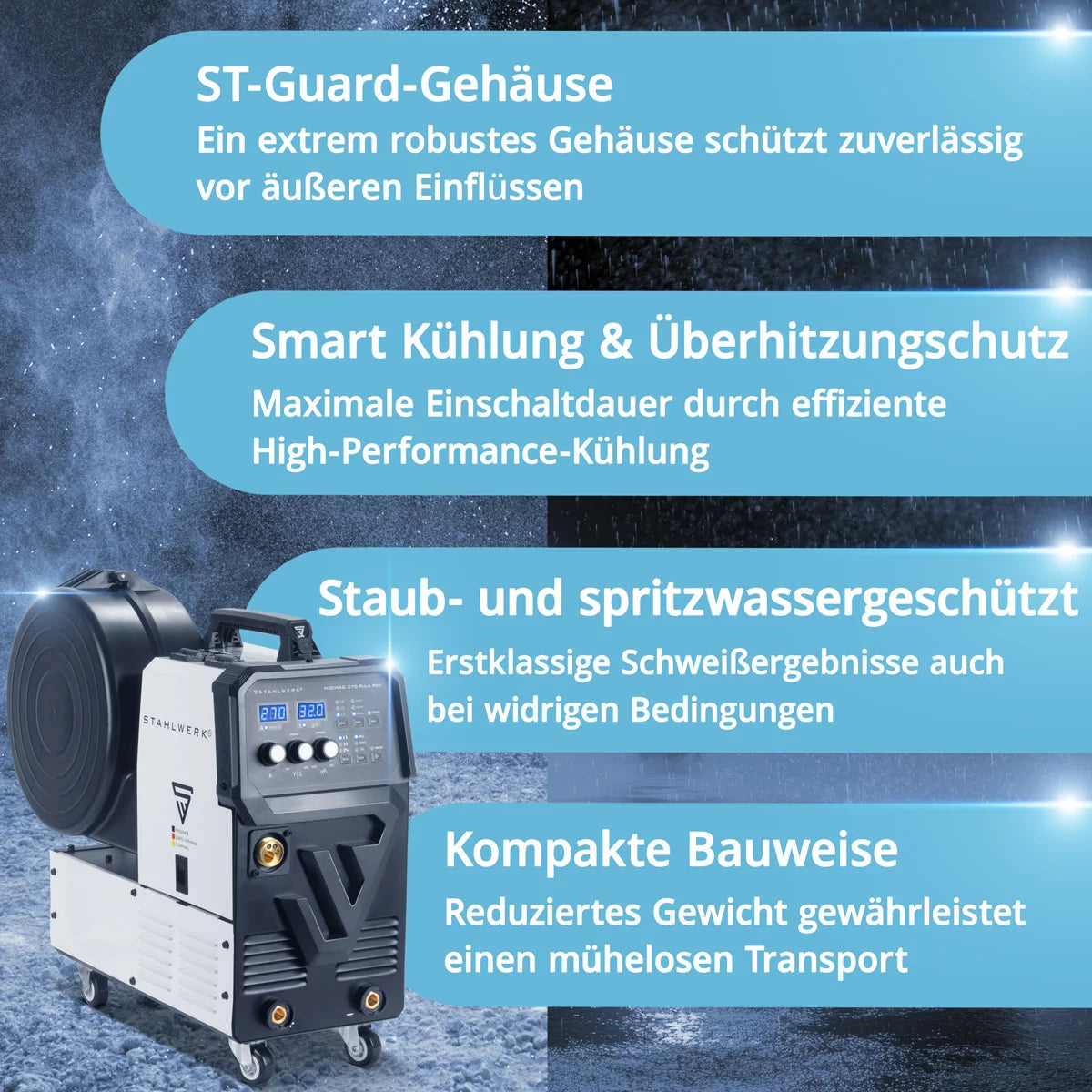 STAHLWERK Schweißgerät MIG 270 Puls Pro Vollausstattung | 4-in-1 Schutzgas-Schweißgerät mit Pulsfunktion | Inverter mit 270 A, Spot-Funktion, synergischem Drahtvorschub, 4-Rollen-Antrieb, FLUX, Lift TIG und MMA | ARC Funktion | Puls-Alu-Schweißfunktion