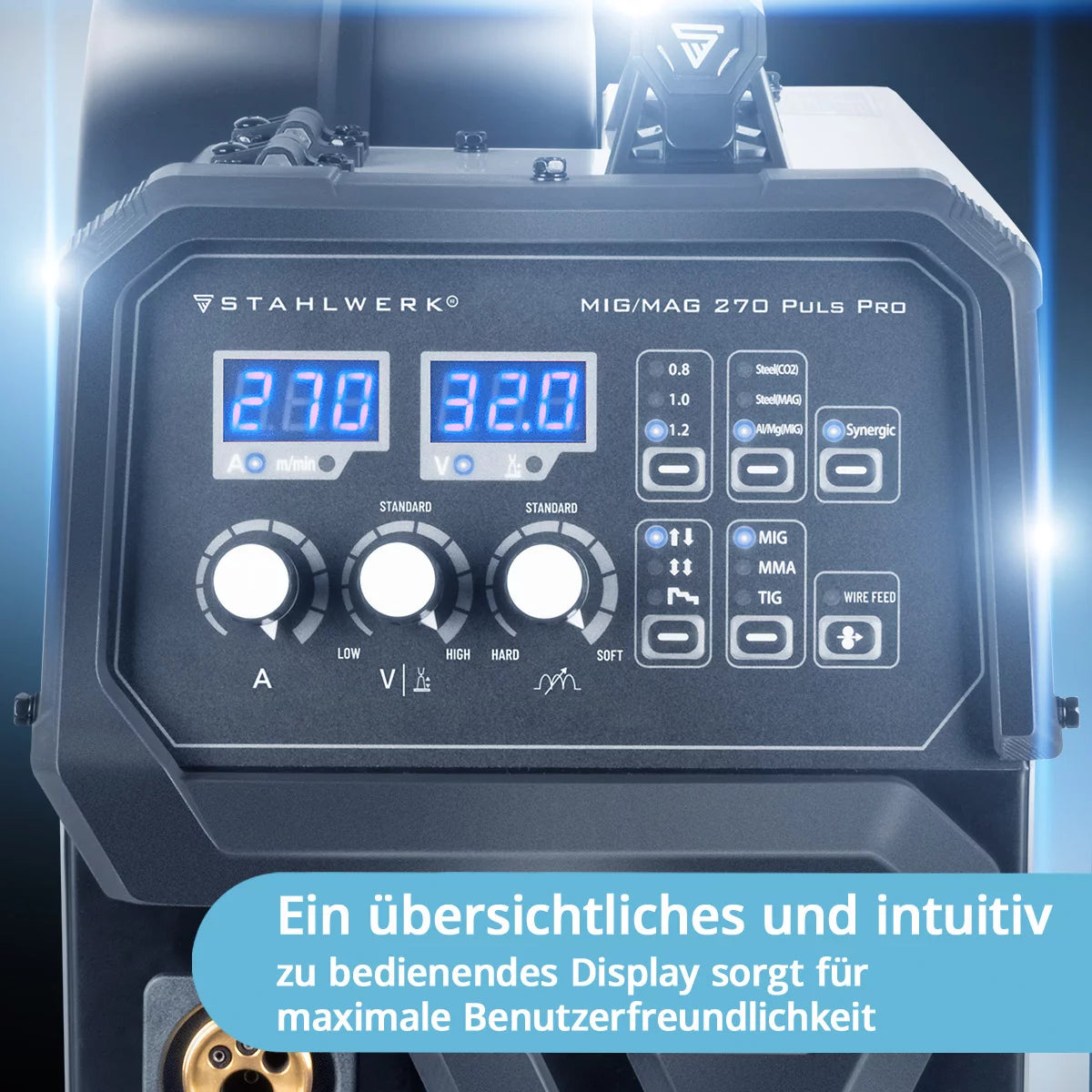 STAHLWERK Schweißgerät MIG 270 Puls Pro Vollausstattung | 4-in-1 Schutzgas-Schweißgerät mit Pulsfunktion | Inverter mit 270 A, Spot-Funktion, synergischem Drahtvorschub, 4-Rollen-Antrieb, FLUX, Lift TIG und MMA | ARC Funktion | Puls-Alu-Schweißfunktion