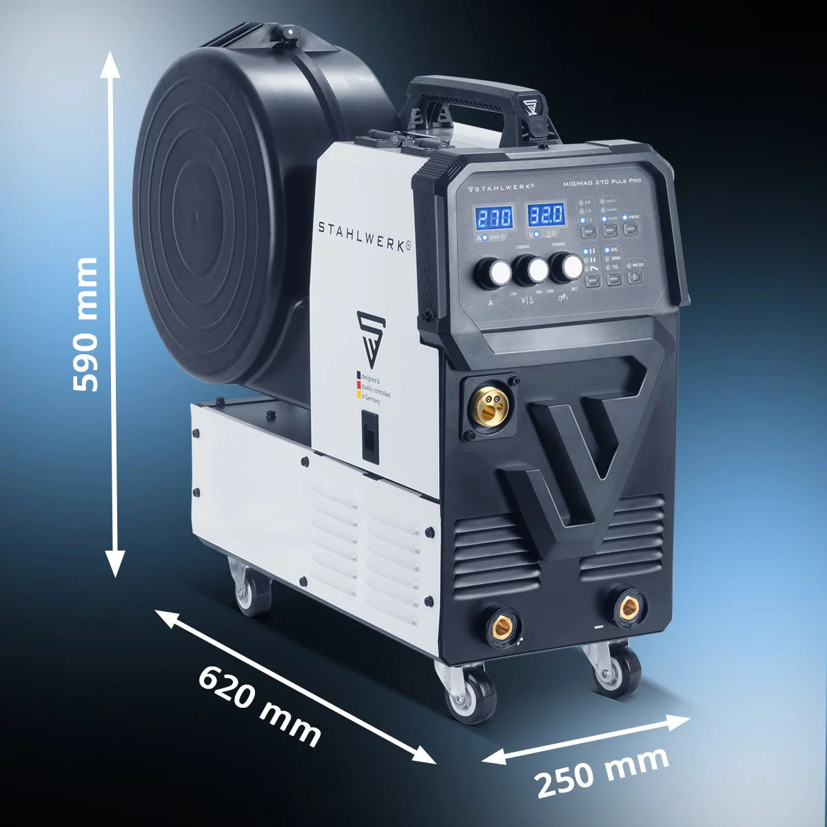 STAHLWERK Schweißgerät MIG 270 Puls Pro | 4-in-1 Schutzgas-Schweißgerät mit Pulsfunktion | Inverter mit 270 A, Spot-Funktion, synergischem Drahtvorschub, 4-Rollen-Antrieb, FLUX, Lift TIG und MMA | ARC Funktion | Puls-Alu-Schweißfunktion