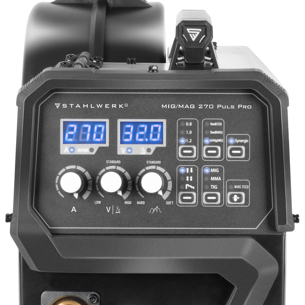 STAHLWERK Schweißgerät MIG 270 Puls Pro | 4-in-1 Schutzgas-Schweißgerät mit Pulsfunktion | Inverter mit 270 A, Spot-Funktion, synergischem Drahtvorschub, 4-Rollen-Antrieb, FLUX, Lift TIG und MMA | ARC Funktion | Puls-Alu-Schweißfunktion