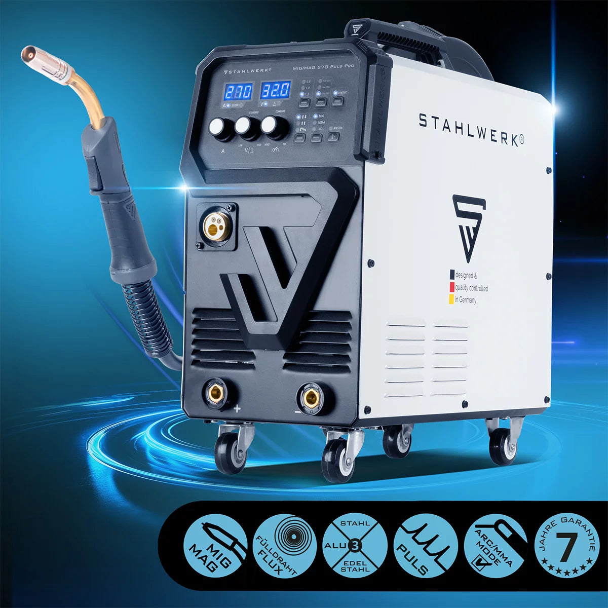 STAHLWERK Schweißgerät MIG 270 Puls Pro Vollausstattung | 4-in-1 Schutzgas-Schweißgerät mit Pulsfunktion | Inverter mit 270 A, Spot-Funktion, synergischem Drahtvorschub, 4-Rollen-Antrieb, FLUX, Lift TIG und MMA | ARC Funktion | Puls-Alu-Schweißfunktion