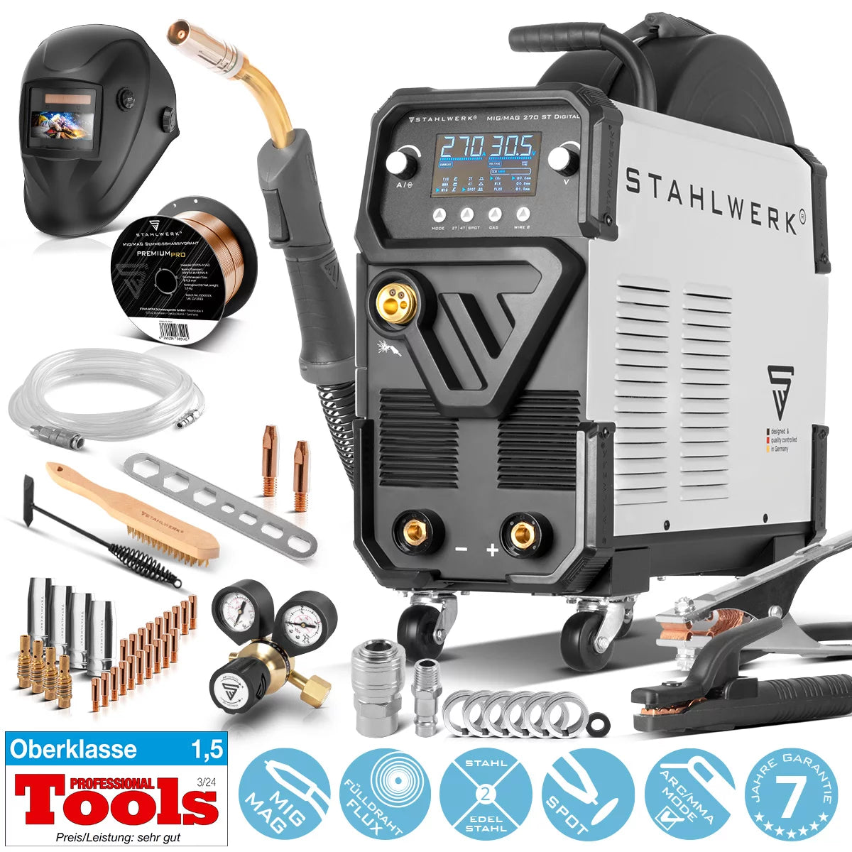 STAHLWERK Schweißgerät MIG MAG 270 Digital Vollausstattung IGBT 4-in-1 Schutzgas-Schweißgerät | Inverter mit 270 A, Spot-Funktion, synergischem Drahtvorschub, 4-Rollen-Antrieb, FLUX, Lift TIG und MMA | ARC Funktion