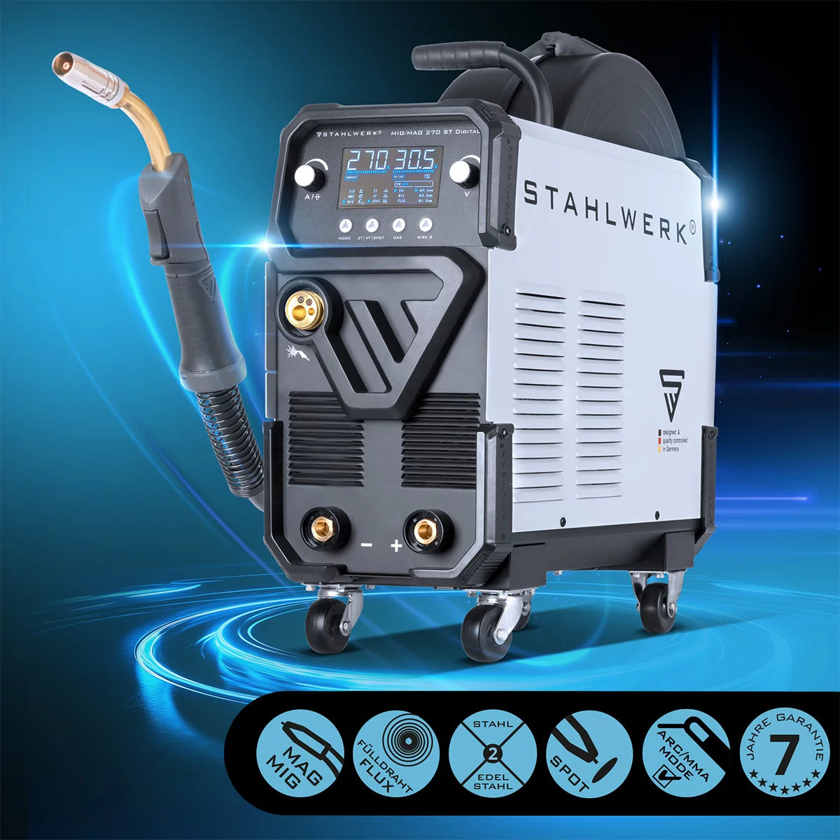 STAHLWERK Schweißgerät MIG MAG 270 Digital Vollausstattung IGBT 4-in-1 Schutzgas-Schweißgerät | Inverter mit 270 A, Spot-Funktion, synergischem Drahtvorschub, 4-Rollen-Antrieb, FLUX, Lift TIG und MMA | ARC Funktion